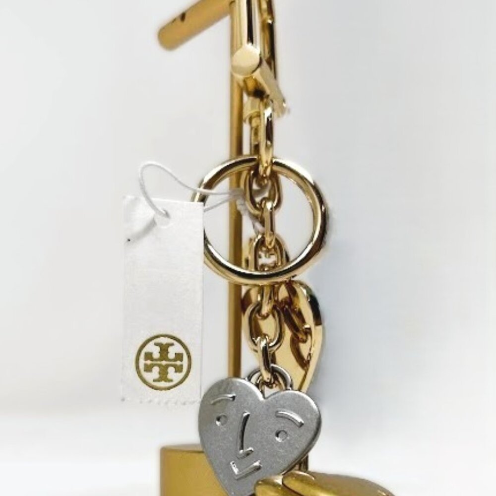TORY BURCH MIXED-METAL HEART-FACE KEY RING, NWT